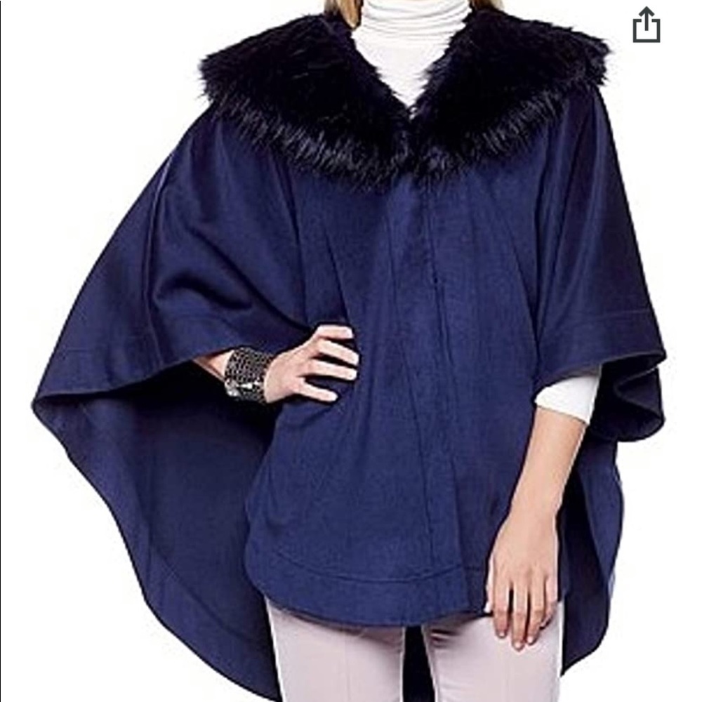 Adrienne Landau Navy Faux Fur Collar Cape Poncho